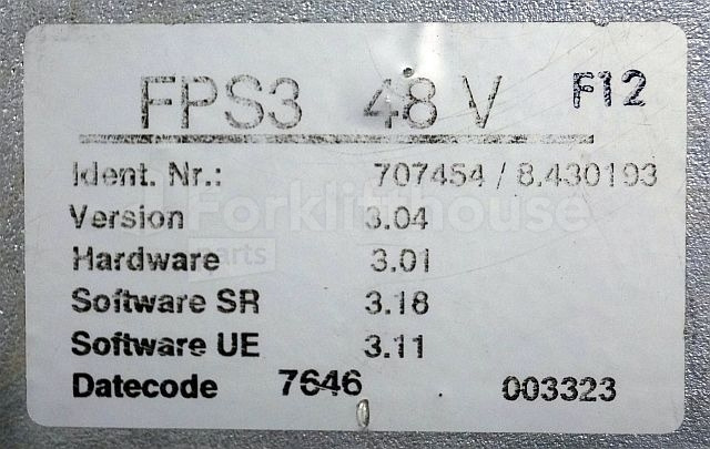 Unidad de control para Equipo de manutención still 707454 FPS 48V 8430193 V. 3,04 Hardware 3,01 Sw. SR 3,18 Sw. UE 3,11 Datecode 7646 003323 from FM20i 2007: foto 4