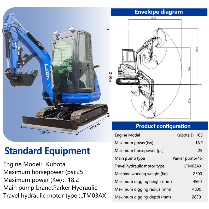 LADYS DY25U Mini Excavator CE Certification Kubota Engine(Factory Outlet) Mini Pelle Minibagger Minikoparka Miniexcavadora - Miniexcavadora: foto 2 LADYS DY25U Mini Excavator CE Certification Kubota Engine(Factory Outlet) Mini Pelle Minibagger Minikoparka Miniexcavadora - Miniexcavadora: foto 2