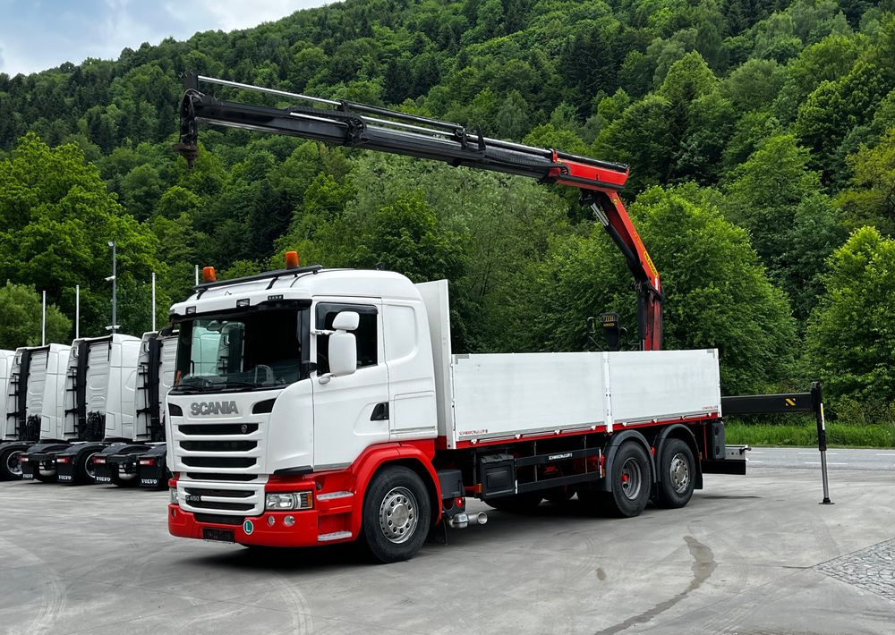 Scania G450 // 6x2// Skrzynia 6.40x2.49 // HDS Palfinger // Oś skrętna podnoszona // - Camión caja abierta, Camión grúa: foto 1 Scania G450 // 6x2// Skrzynia 6.40x2.49 // HDS Palfinger // Oś skrętna podnoszona // - Camión caja abierta, Camión grúa: foto 1