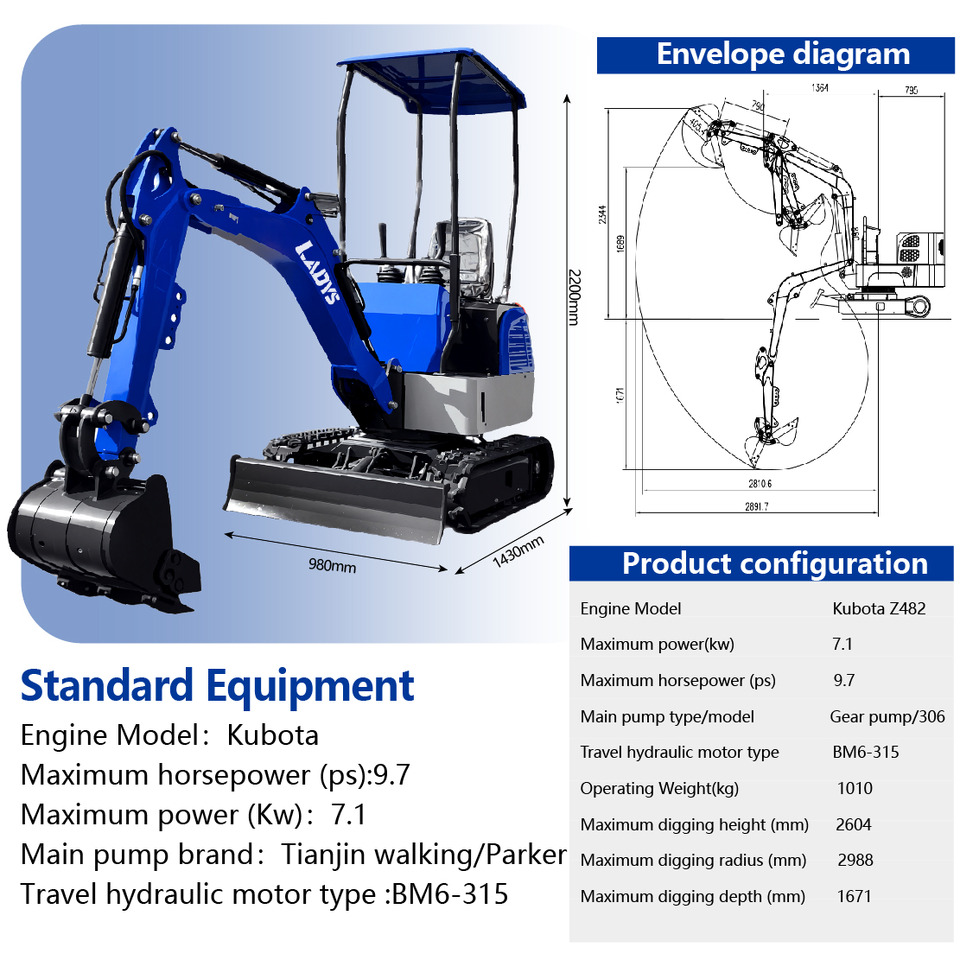 LADYS DY12Pro Mini Excavator Kubota Engine Euro 5/EPA/CE Mini Excavator Digger Miniexcavadora Mini Excavator For Sale - Excavadora de cadenas: foto 2 LADYS DY12Pro Mini Excavator Kubota Engine Euro 5/EPA/CE Mini Excavator Digger Miniexcavadora Mini Excavator For Sale - Excavadora de cadenas: foto 2