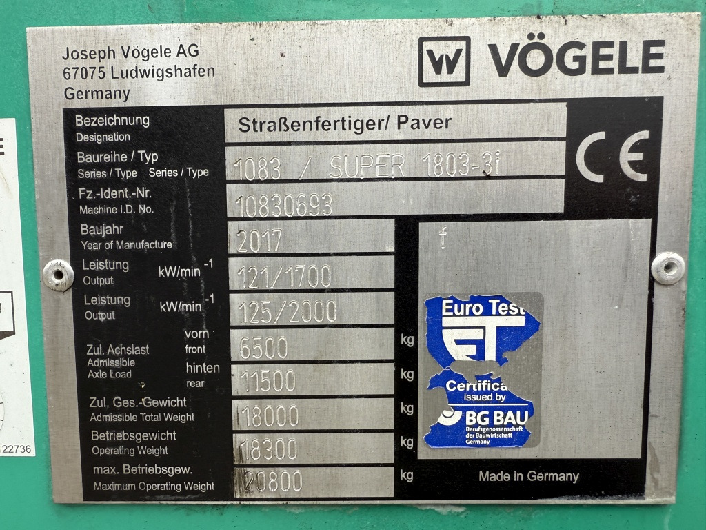 Pavimentadora de asfalto Vögele Super 1803-3i (111717): foto 9 Pavimentadora de asfalto Vögele Super 1803-3i (111717): foto 9