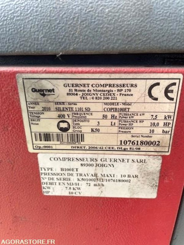 Compresseur insonorisé Guernet. 7.5kw + cuve 500l - Compresor de aire: foto 4 Compresseur insonorisé Guernet. 7.5kw + cuve 500l - Compresor de aire: foto 4