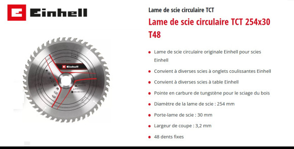 Lame de scie Widia pour bois EINHELL TCT circ saw blade 254x30 T48 - Equipo de construcción: foto 3 Lame de scie Widia pour bois EINHELL TCT circ saw blade 254x30 T48 - Equipo de construcción: foto 3