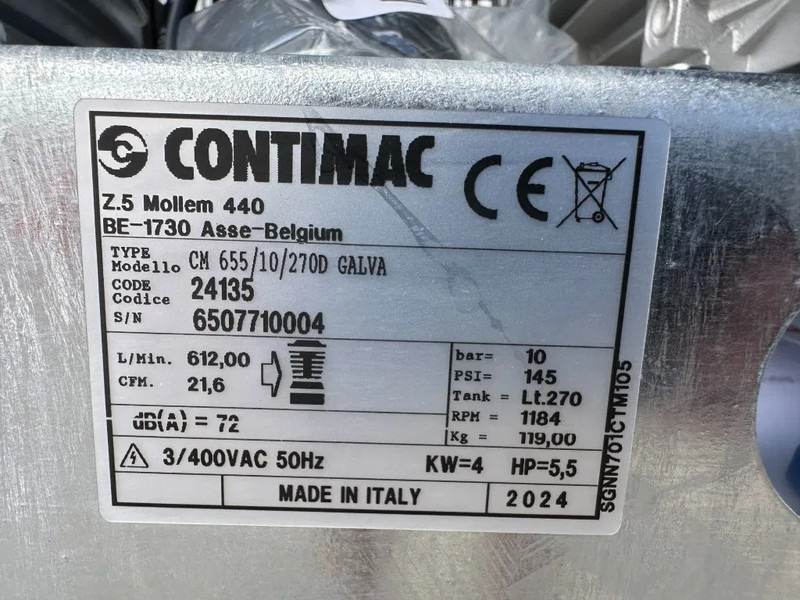 Contimac CM 655 / 10 / 270D Galva 4 kW 650 L / min 10 Bar Zuigercompressor t.b.v Agri Gegalvaniseerd - Compresor de aire: foto 4 Contimac CM 655 / 10 / 270D Galva 4 kW 650 L / min 10 Bar Zuigercompressor t.b.v Agri Gegalvaniseerd - Compresor de aire: foto 4