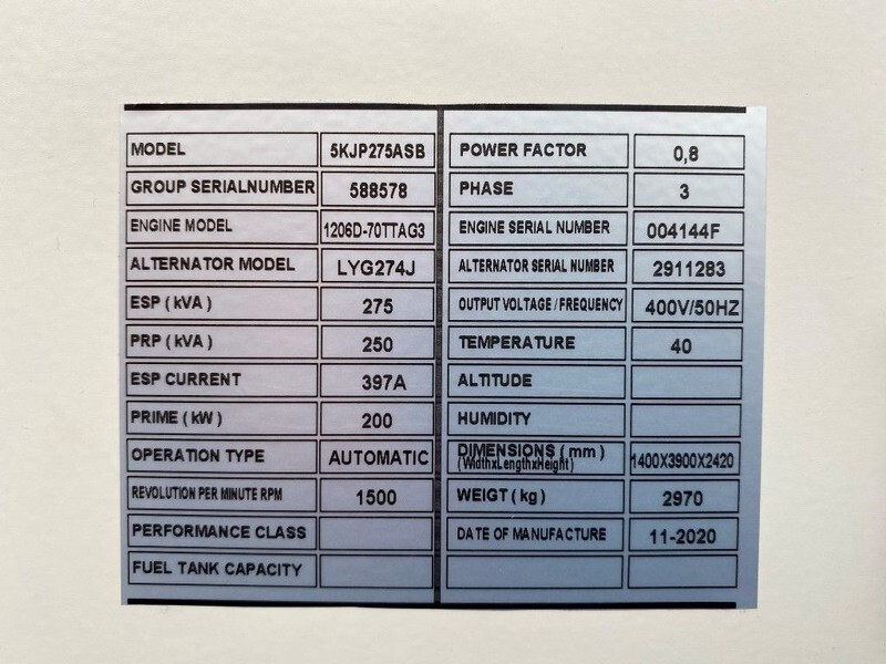 Perkins 275 kVA - 1206D-70TTAG3 Stamford 275 kVA Supersilent generatorset New ! - Generador industriale: foto 2 Perkins 275 kVA - 1206D-70TTAG3 Stamford 275 kVA Supersilent generatorset New ! - Generador industriale: foto 2