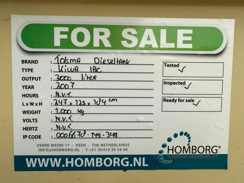 Contenedor marítimo Tolsma Kiwa IBC 3000 liter Dieseltank Brandstoftank: foto 15 Contenedor marítimo Tolsma Kiwa IBC 3000 liter Dieseltank Brandstoftank: foto 15