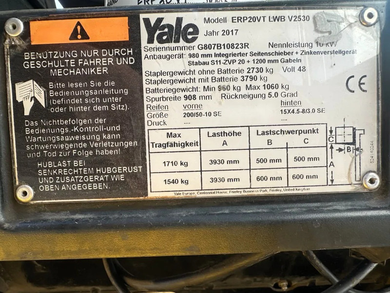 Yale ERP 20 VT 2 ton Duplex Sideshift Positioner Elektra Heftruck 2017 - Carretilla elevadora eléctrica: foto 3 Yale ERP 20 VT 2 ton Duplex Sideshift Positioner Elektra Heftruck 2017 - Carretilla elevadora eléctrica: foto 3